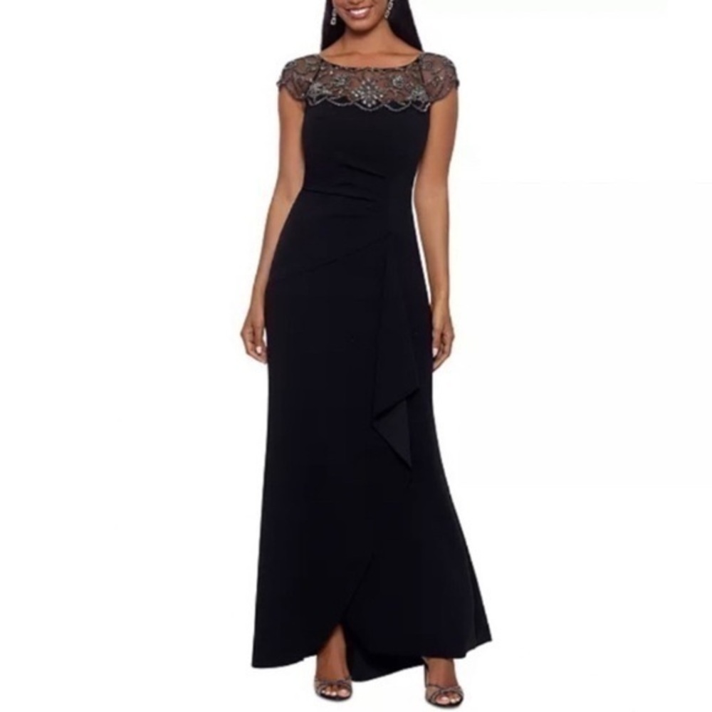 XSCAPE Petite Beaded-Yoke Illusion Boat Neck Gown in Black